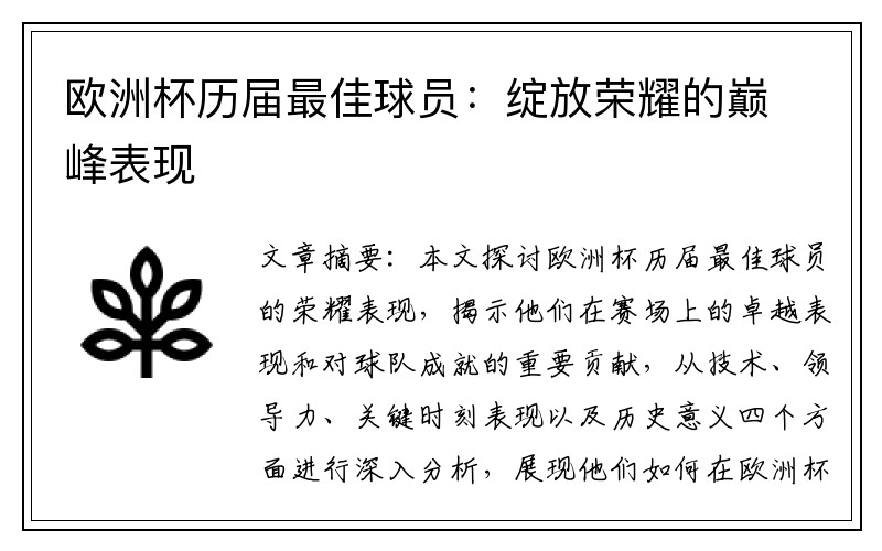 欧洲杯历届最佳球员：绽放荣耀的巅峰表现